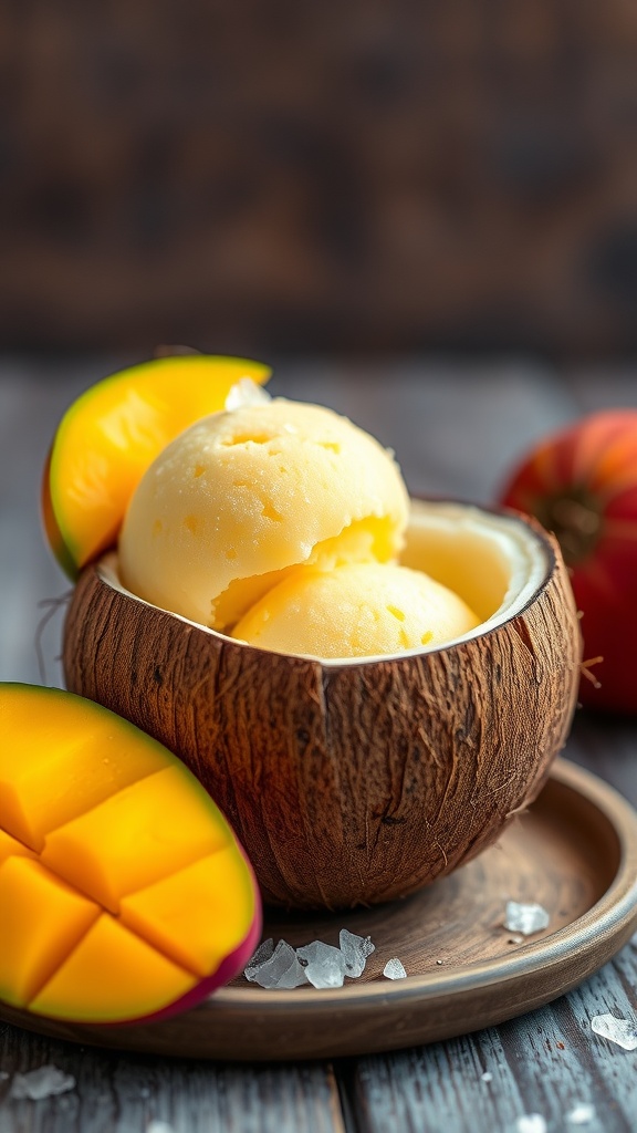 Mango Coconut Sorbet served in a coconut shell with fresh mango slices