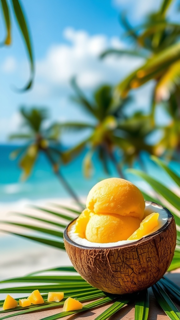 A bowl of mango coconut sorbet made with ripe mangoes and coconut milk, garnished with mango chunks.