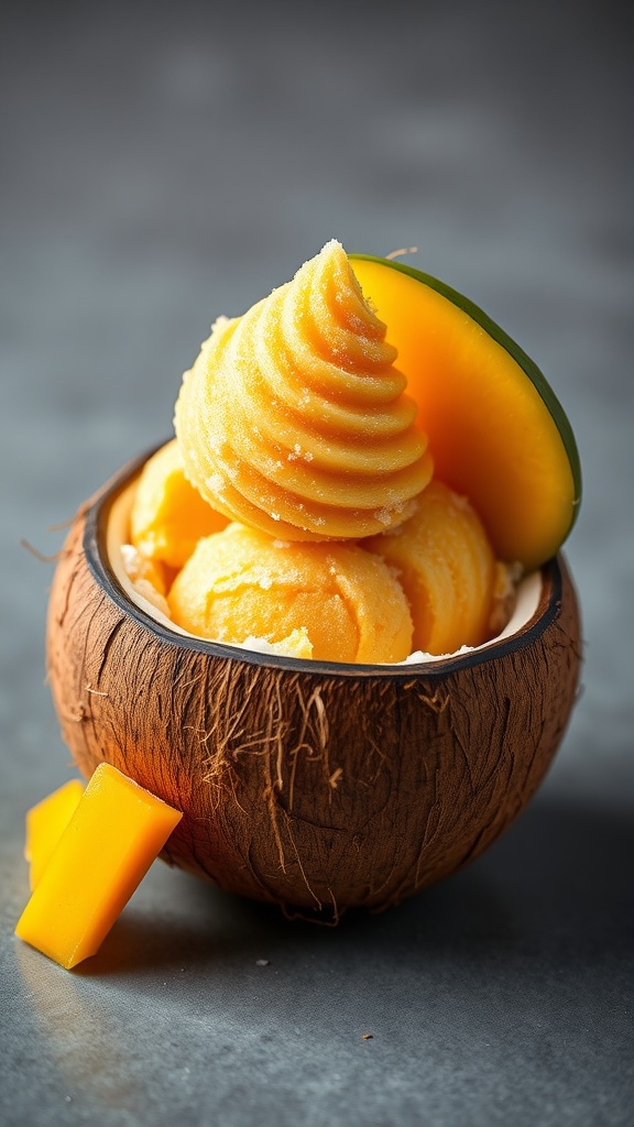 Mango coconut sorbet served in a coconut shell with mango pieces.