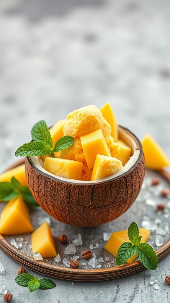 A bowl of mango coconut sorbet garnished with fresh mango cubes and mint leaves.