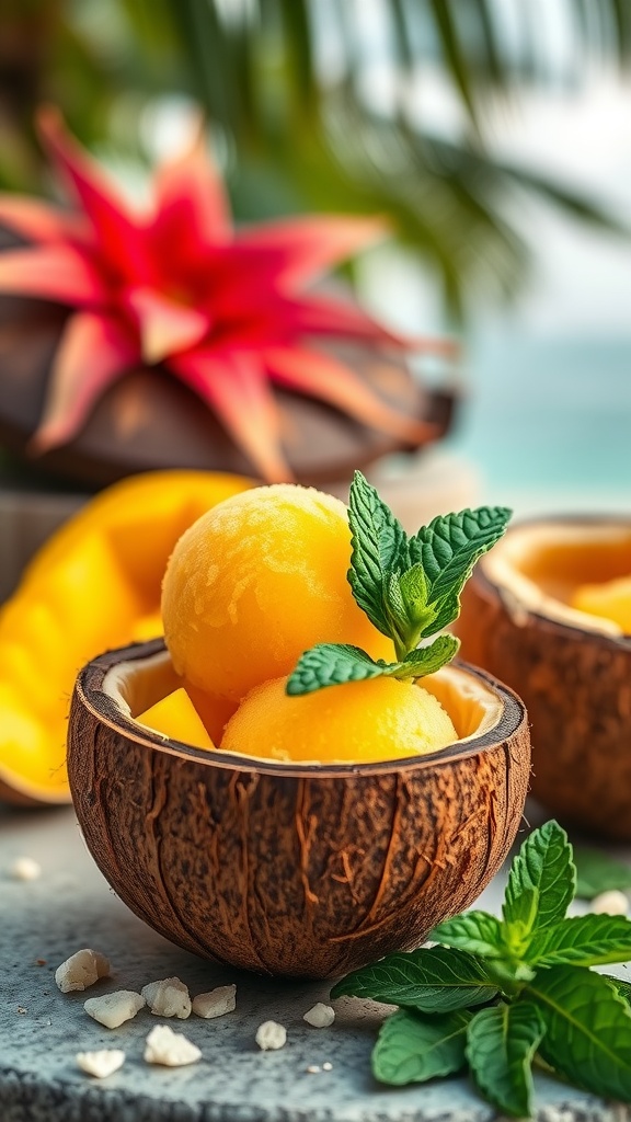 A bowl of mango coconut sorbet garnished with mint leaves.