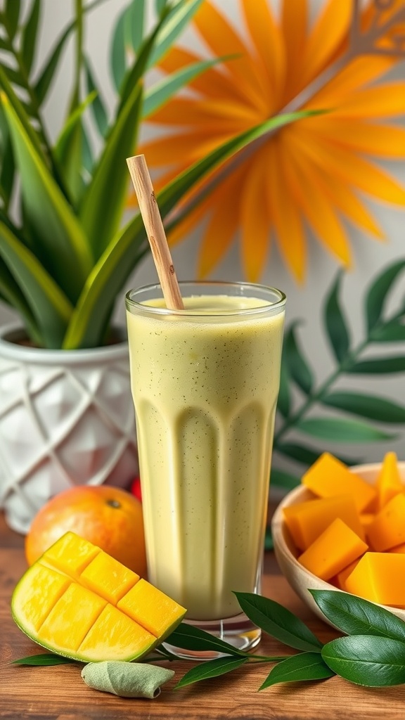 A refreshing mango matcha smoothie with a tropical vibe.