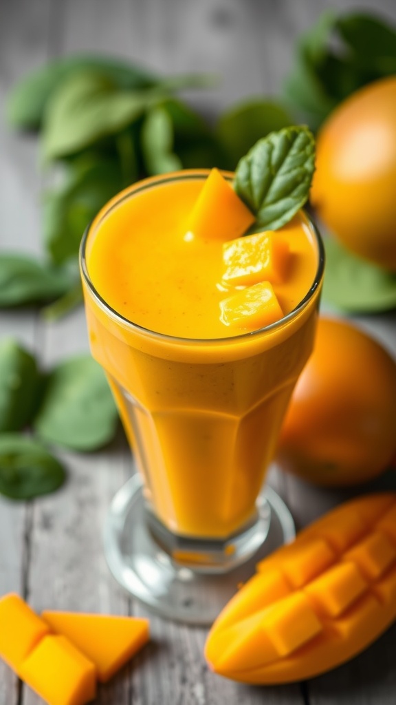 A refreshing mango spinach smoothie in a glass with a slice of mango on top.
