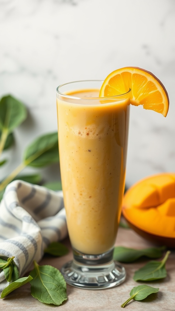 A glass of mango spinach smoothie garnished with an orange slice.