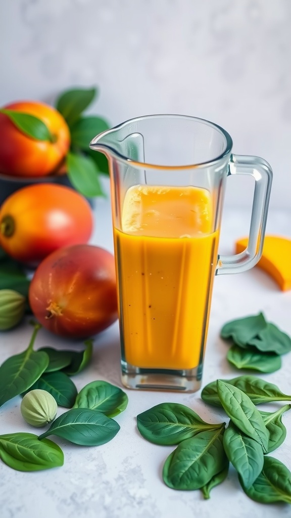 A glass of Mango Spinach Power Blend smoothie surrounded by fresh mangoes and spinach leaves.