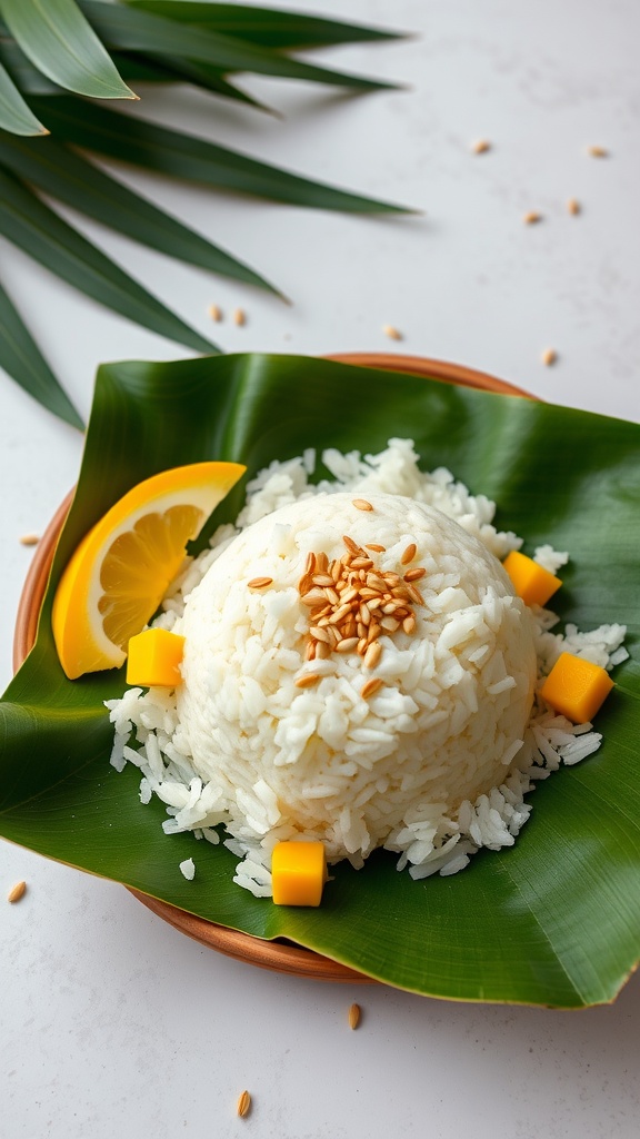 A serving of mango sticky rice with coconut sauce, garnished with mango slices.