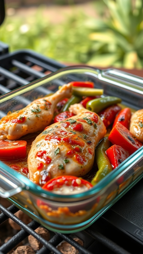 A glass container with marinated chicken and colorful vegetables ready to cook.