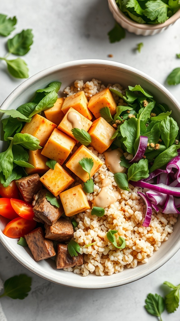 A colorful Buddha bowl featuring marinated tofu, quinoa, fresh greens, and vegetables.