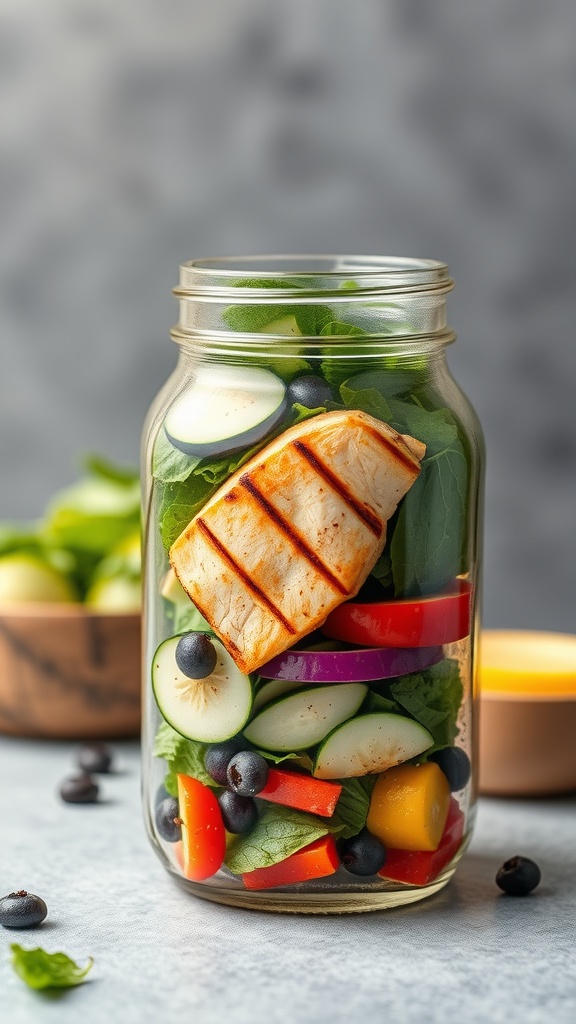 A mason jar filled with a colorful salad including grilled chicken, greens, and various vegetables.