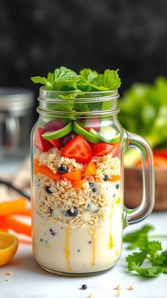 A colorful mason jar salad featuring quinoa, various vegetables, and a vibrant dressing.