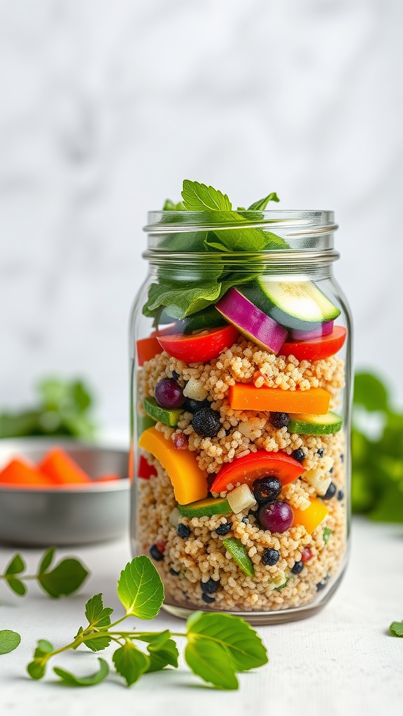 Mason jar salad with quinoa, vibrant veggies, and fresh herbs