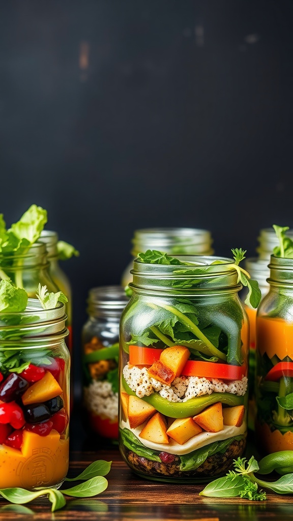 Colorful mason jar salads with various fresh ingredients.