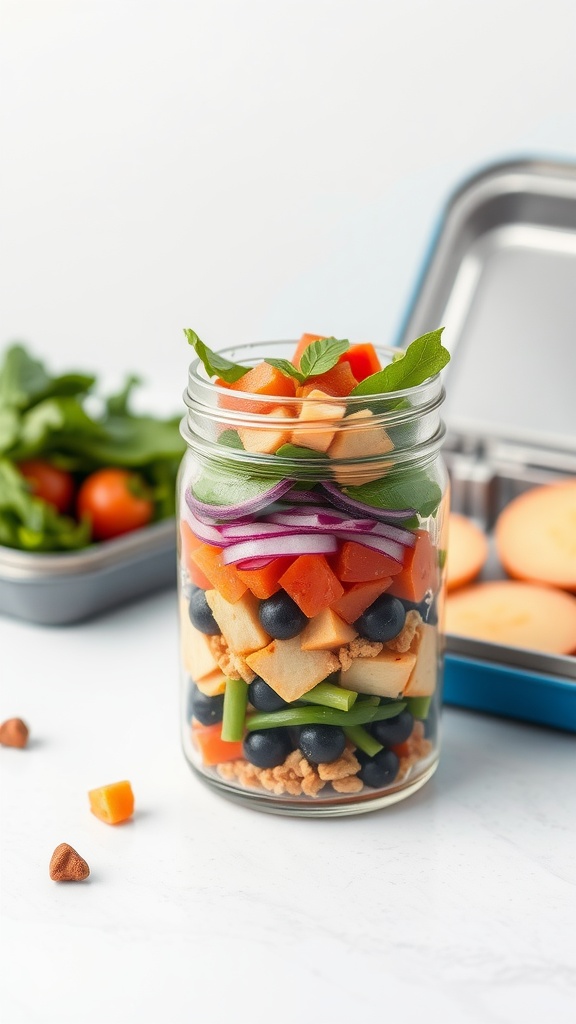 Mason jar salad with layers of vegetables and quinoa
