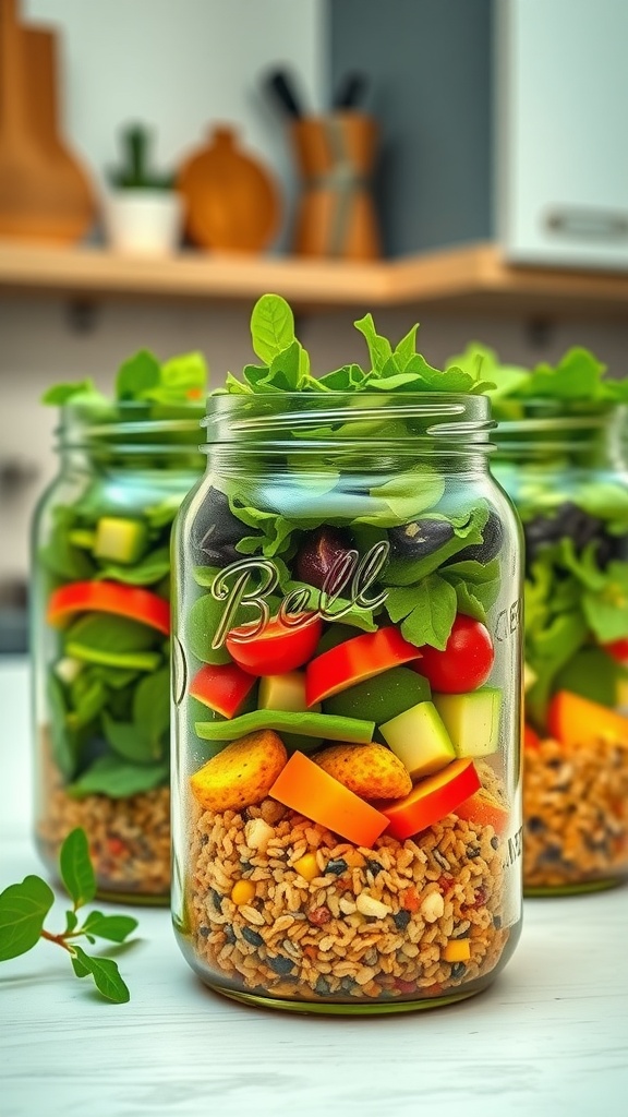 Colorful mason jar salads layered with grains, vegetables, and greens.