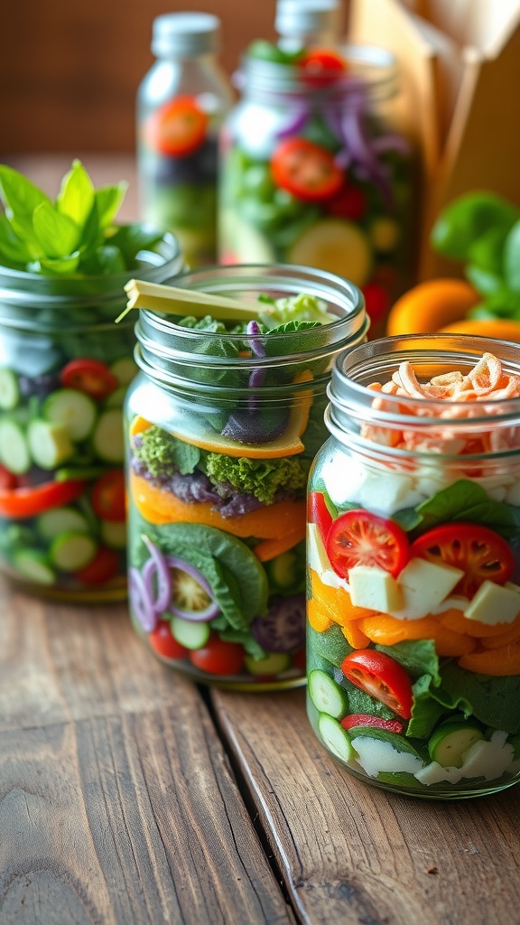 Colorful mason jar salads layered with fresh ingredients.