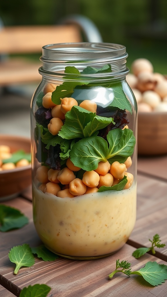 A mason jar filled with colorful salad ingredients, including greens, chickpeas, and dressing.