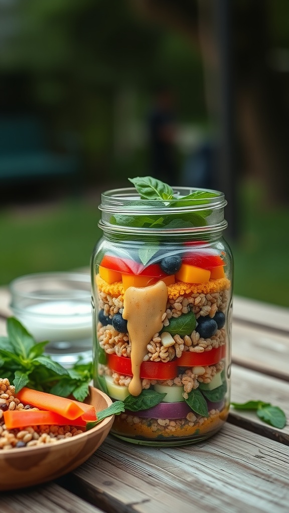 A colorful mason jar salad with layers of vegetables, grains, and dressing.