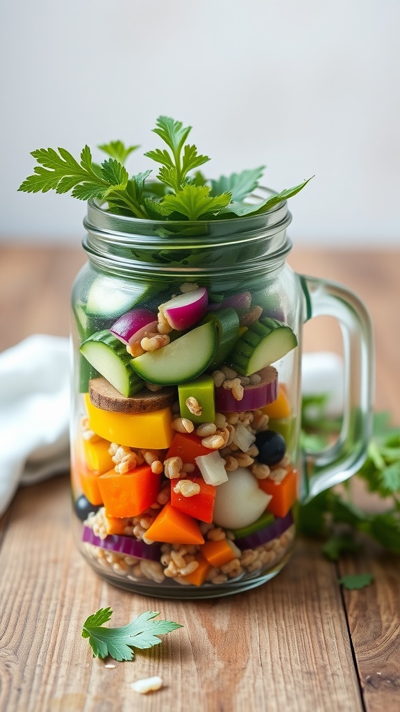 A colorful mason jar salad filled with fresh vegetables and grains.