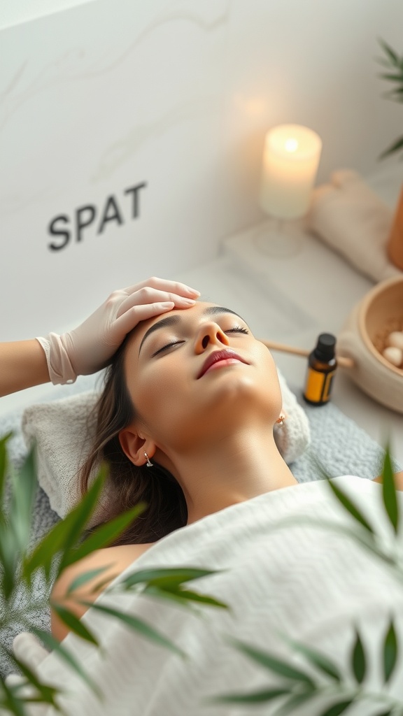A serene spa setting where a professional is giving a facial massage to a woman, promoting relaxation and skin health.