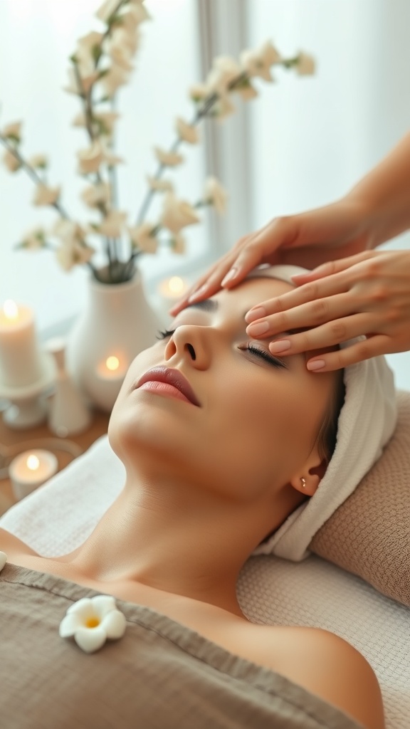 A woman receiving a facial massage in a calm spa setting