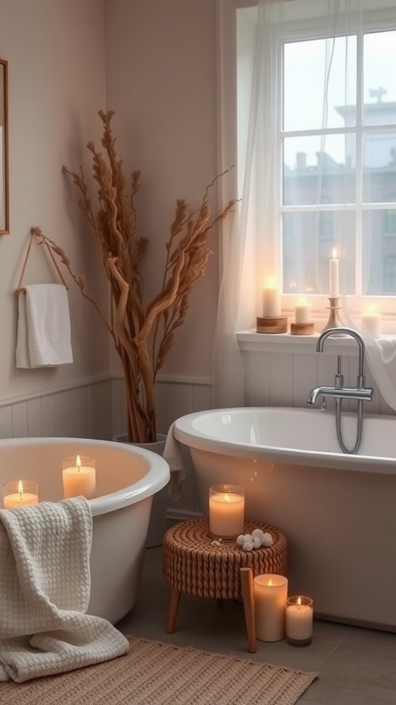 A calming bathroom scene with candles and a cozy blanket, suggesting a relaxing self-care space.