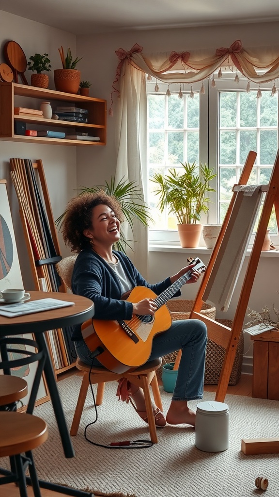 A person sitting on a chair, playing guitar and smiling in a cozy room filled with plants and art supplies.