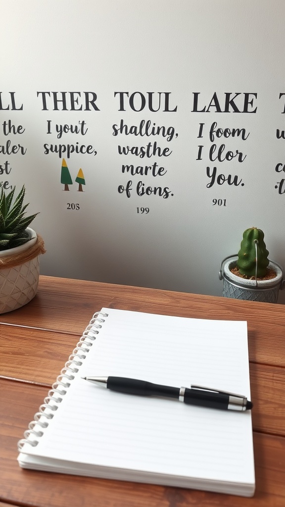 A cozy workspace featuring a blank notebook and a pen against a background of motivational phrases on the wall.
