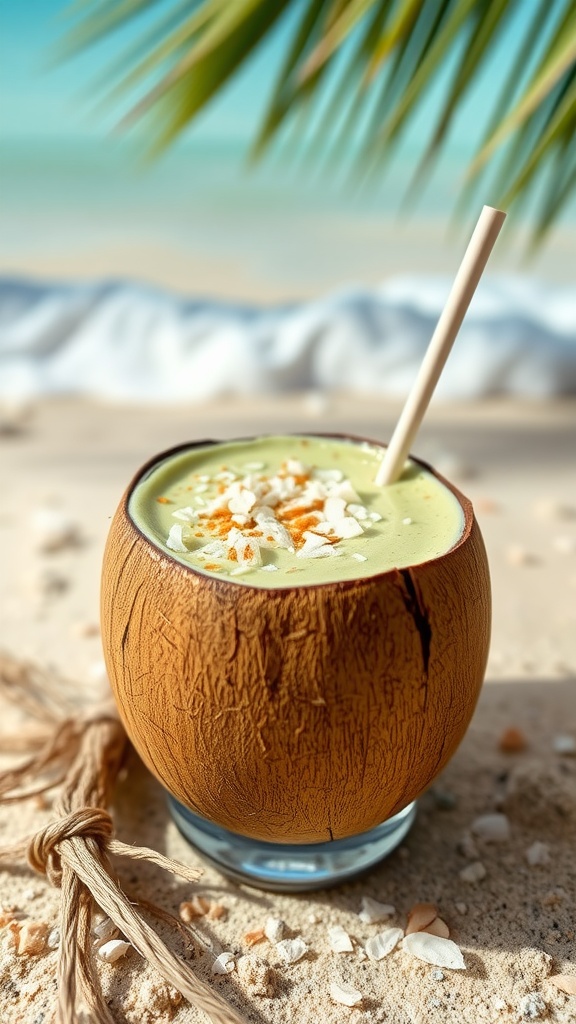 A refreshing matcha and coconut smoothie served in a coconut bowl with shredded coconut on top.