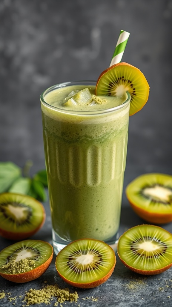A refreshing matcha and kiwi smoothie served in a glass with a slice of kiwi on the rim.