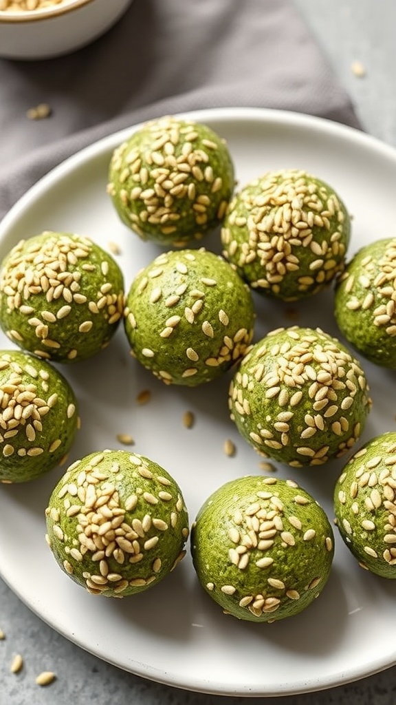A plate of green matcha energy bites coated with sesame seeds.