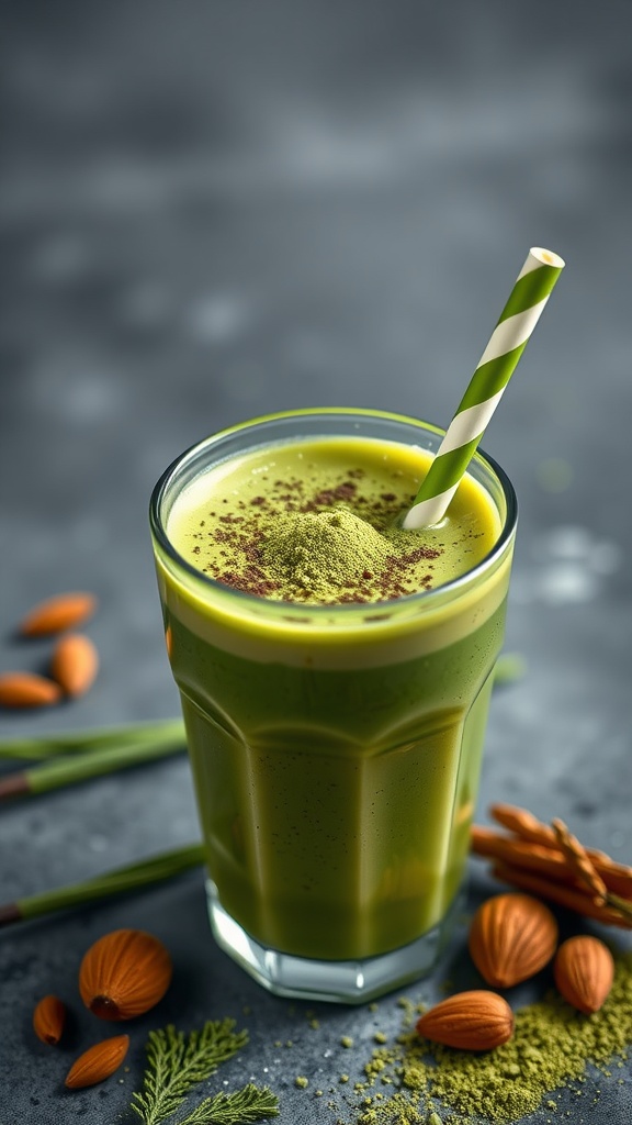 A refreshing green smoothie with matcha, garnished with a striped straw.