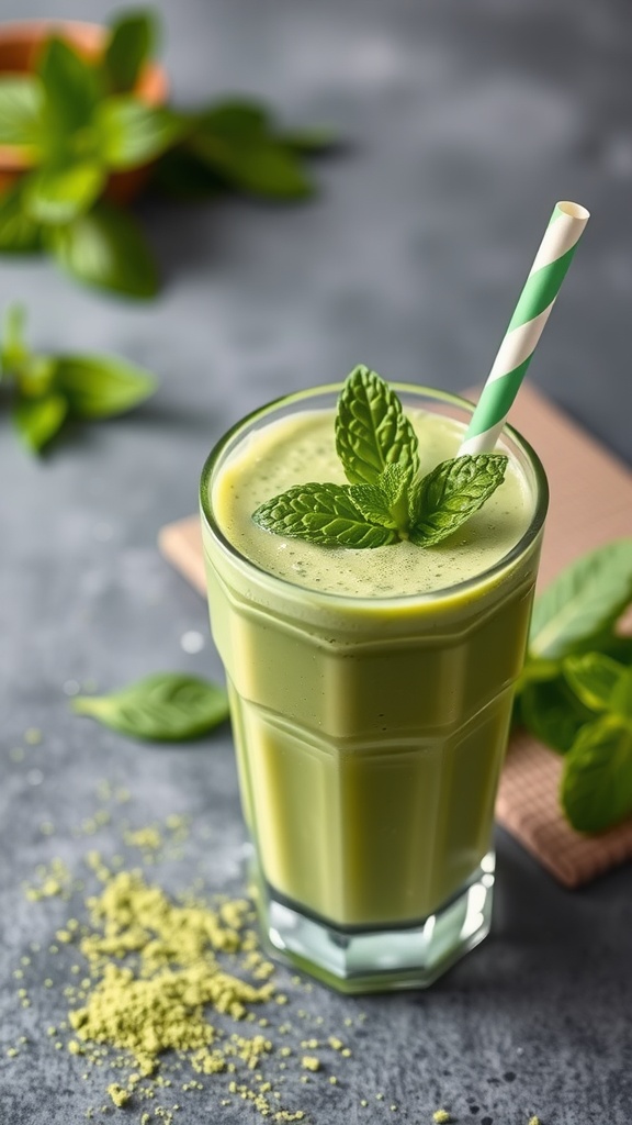 A refreshing green smoothie with mint and matcha, garnished with fresh mint leaves