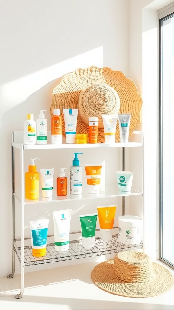 A shelf displaying various sunscreen products and a straw hat, emphasizing the importance of daily sun protection.