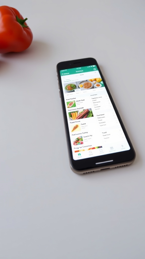 A smartphone displaying a meal planning app next to a fresh tomato.