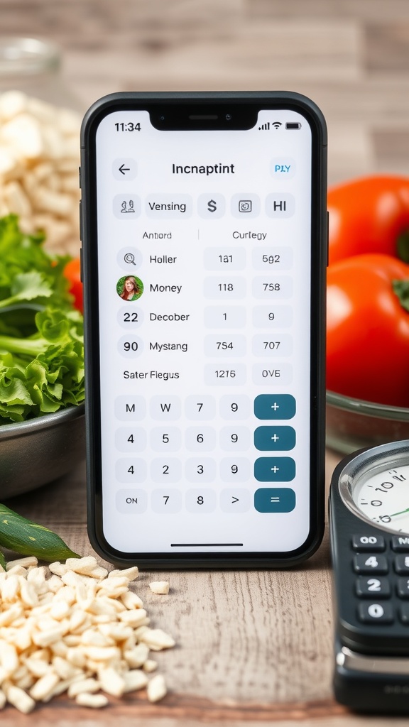 A smartphone displaying a meal planning app surrounded by fresh vegetables and cooking tools.