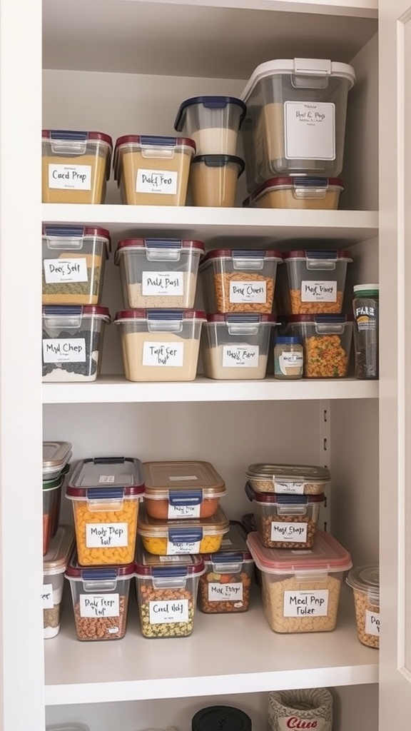Organized meal prep containers in a pantry