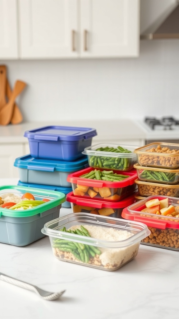 Colorful meal prep containers filled with various healthy foods on a kitchen counter.