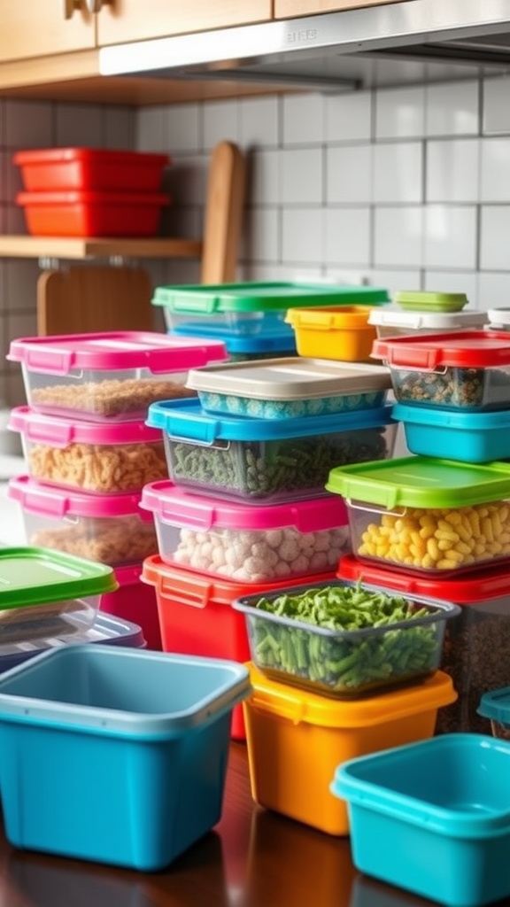 Colorful meal prep containers filled with various ingredients on a kitchen counter.