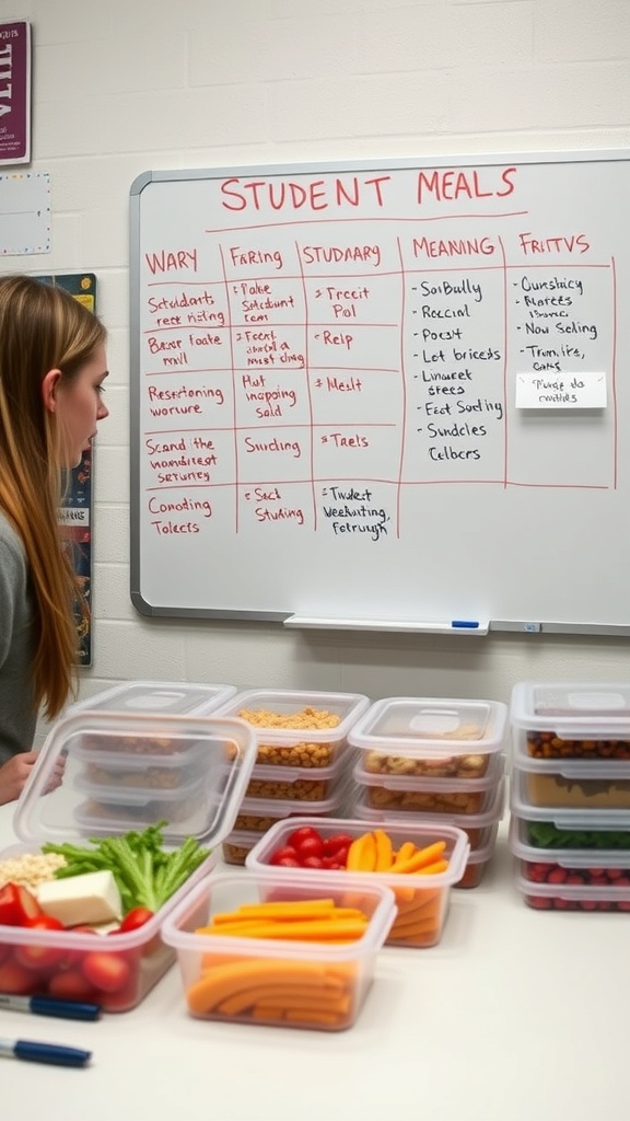 A student organizing meal prep with containers filled with fresh vegetables and snacks.