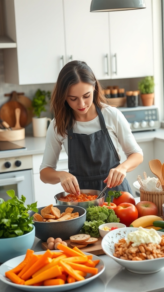 A mom preparing a healthy meal in a kitchen, surrounded by fresh vegetables and ingredients.