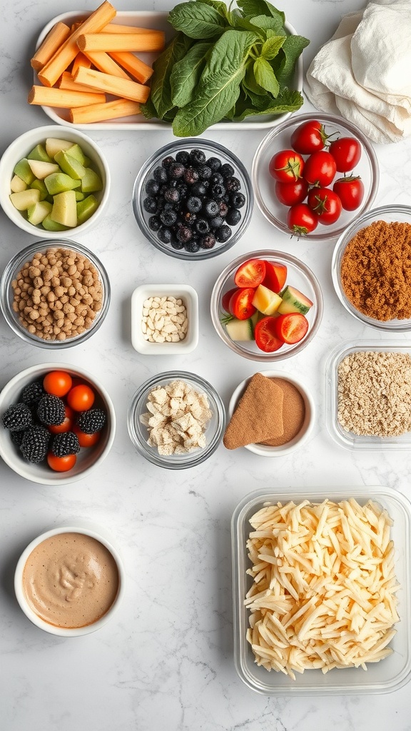 A variety of fresh ingredients for meal prep, including fruits, vegetables, and grains.