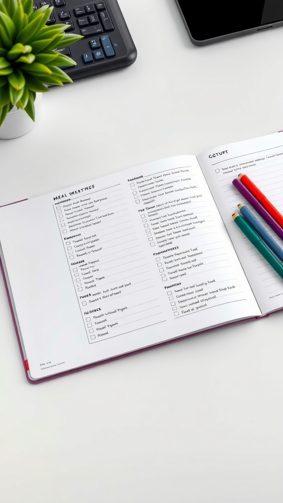 Meal prep planner and colorful writing utensils on a desk.