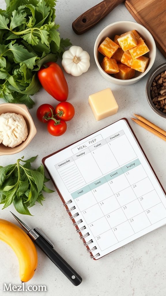 A meal prep planner with fresh vegetables and ingredients for healthy meals.