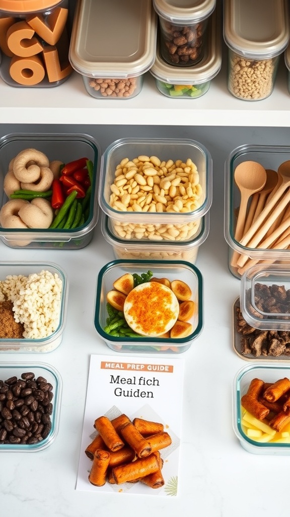 A colorful meal prep setup with various containers filled with ingredients like chicken, quinoa, broccoli, and beans.