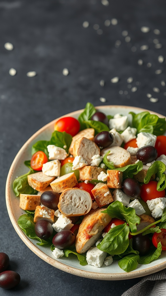 A bowl of Mediterranean chicken salad featuring diced chicken, mixed greens, cherry tomatoes, olives, and feta cheese.