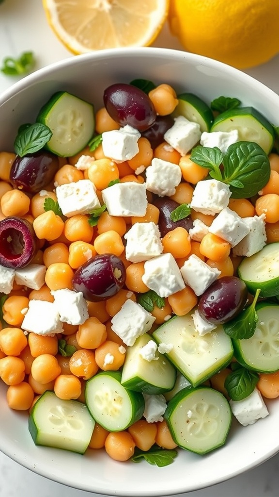 A bowl of Mediterranean Chickpea and Cucumber Salad with chickpeas, cucumbers, feta cheese, and olives.