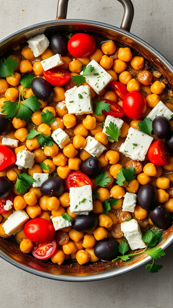 A colorful Mediterranean Chickpea Bake with chickpeas, cherry tomatoes, olives, and feta cheese.