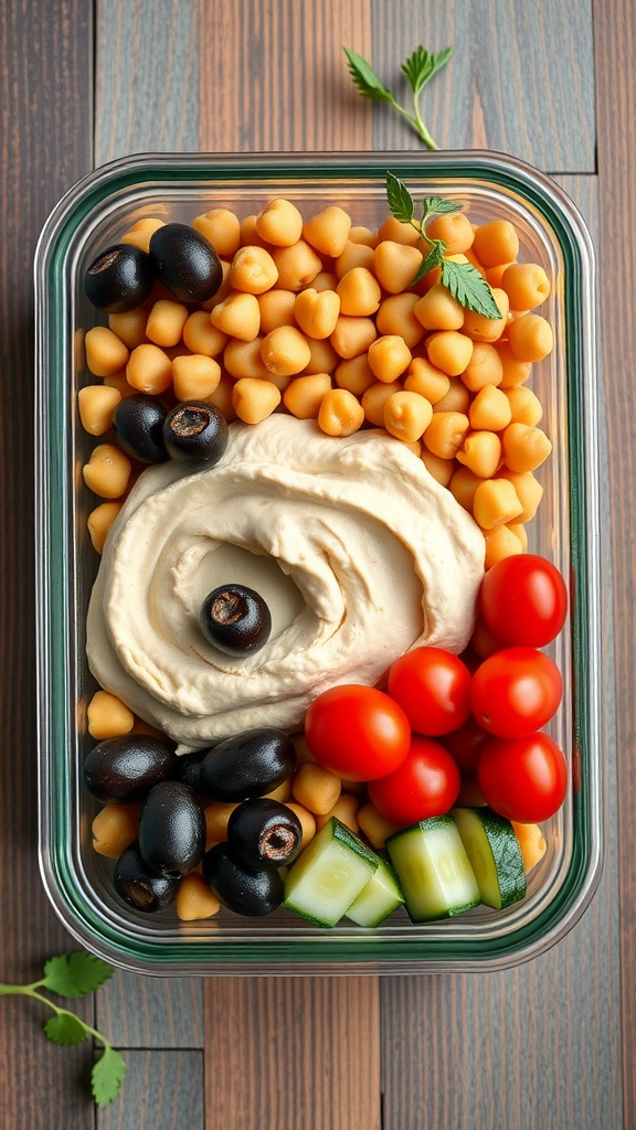 A Mediterranean Chickpea Bowl filled with chickpeas, olives, cherry tomatoes, cucumbers, and hummus.
