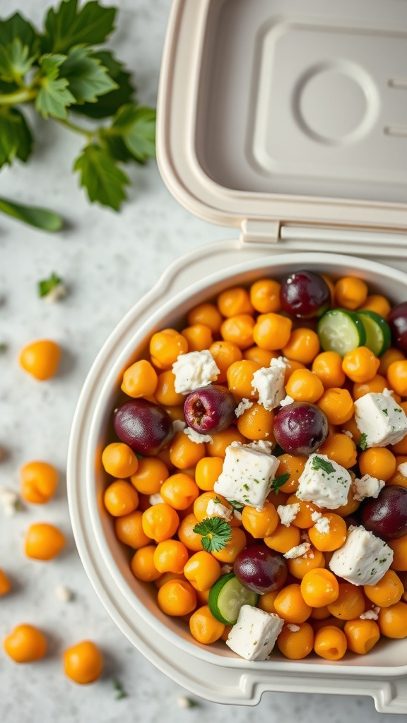 A colorful Mediterranean Chickpea Bowl with vegetables and feta cheese.