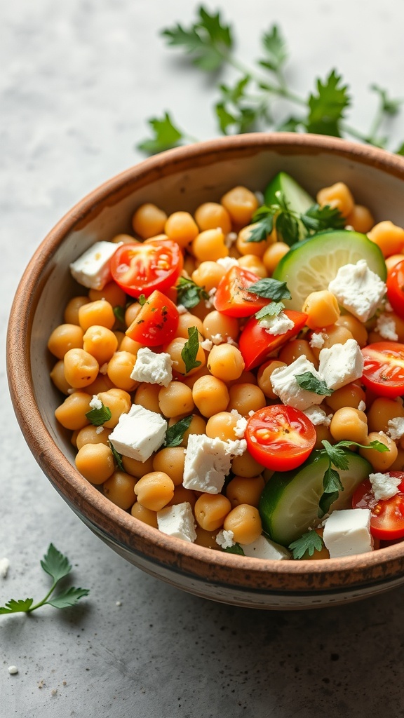A Mediterranean Chickpea Bowl with chickpeas, cherry tomatoes, cucumber, and feta cheese.